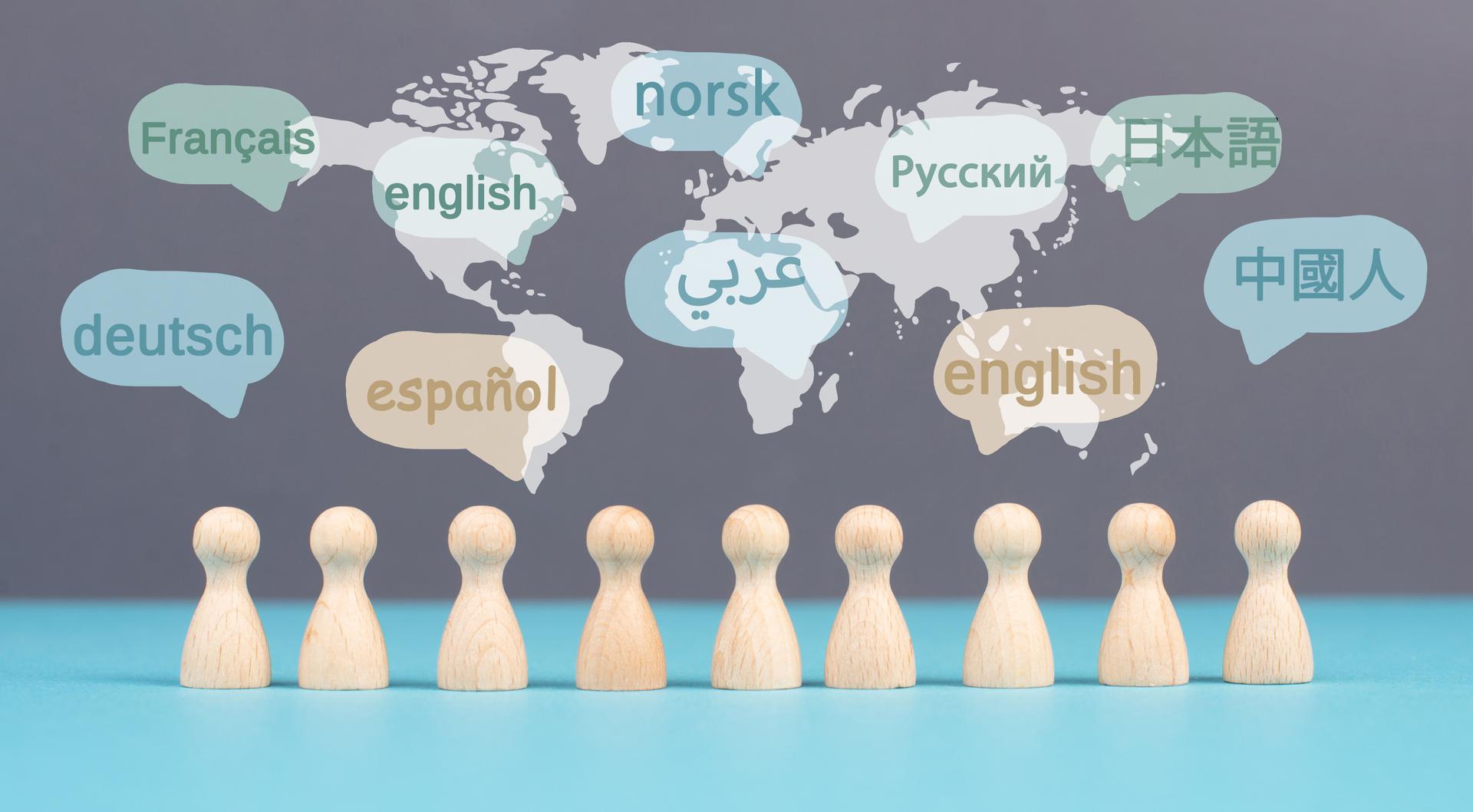 Languages and world map,speech bubble with different mother language spoken worldwide, multilingual business and community
