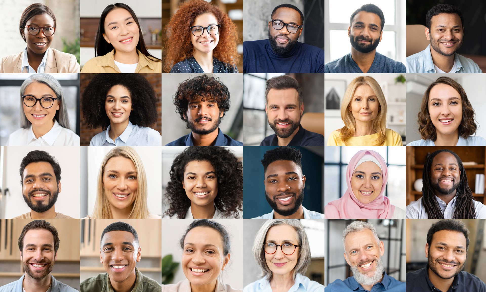 Virtual conference, webinar, online meeting video screen. Group of diverse employee, colleagues using app for video communication, virtual conference, looking at the camera